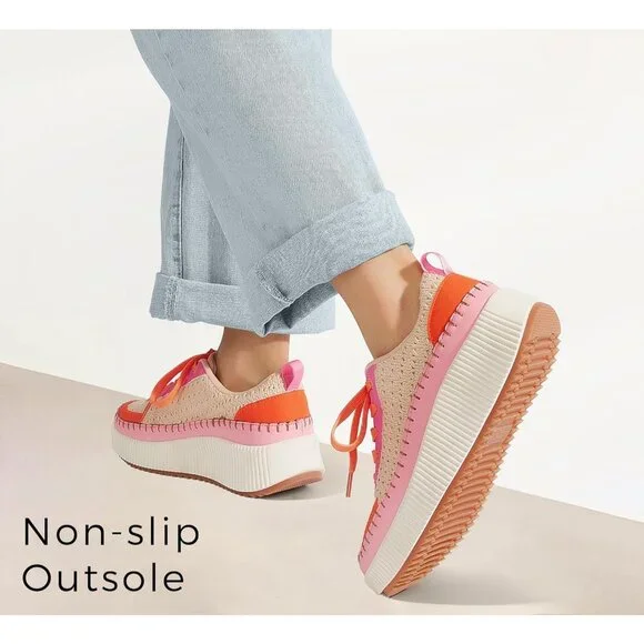 Lucky Step Women's Pink Orange Platform Sneakers Rhinestone Fashion Chunky Shoes - Picture 2 of 6